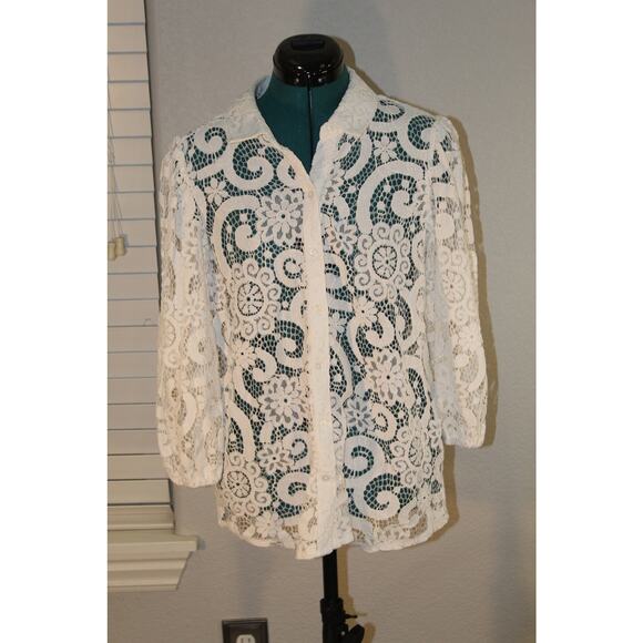 Nanette Lepore White Floral Lace Button Down Blouse Women’s Large - Picture 1 of 3